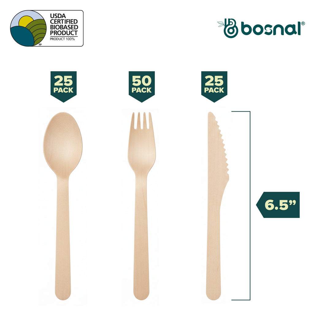 Bosnal – Wooden Disposable Cutlery Set, 6.5 inch, 100 Pcs, Birch Wood Spoons, Forks & Knives - Maison Royale Étoile