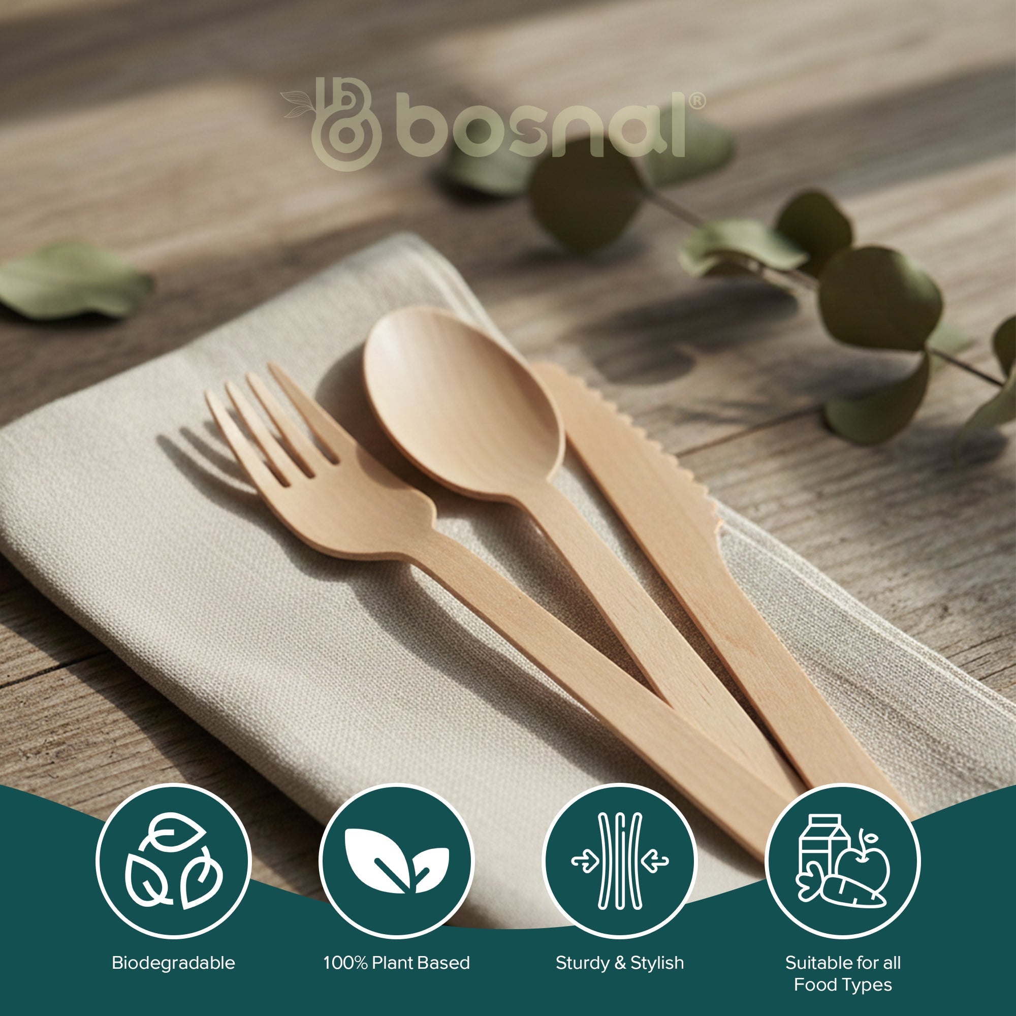 Bosnal – Wooden Disposable Cutlery Set, 6.5 inch, 100 Pcs, Birch Wood Spoons, Forks & Knives - Maison Royale Étoile